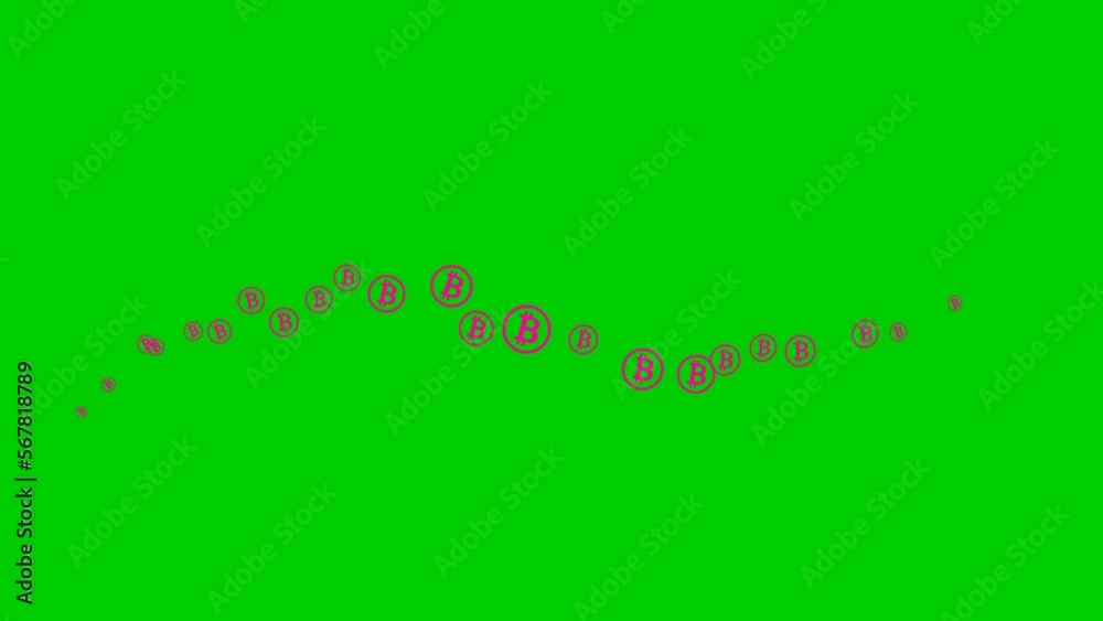 Animated pink bitcoin coins fly from left to right. A wave with flying magenta money. Concept of business, cryptocurrency, finance. Vector illustration isolated on the green background. Animated pink bitcoin coins fly from left to right. A wave with flying magenta money. Concept of business, cryptocurrency, finance. Vector illustration isolated on the green background.