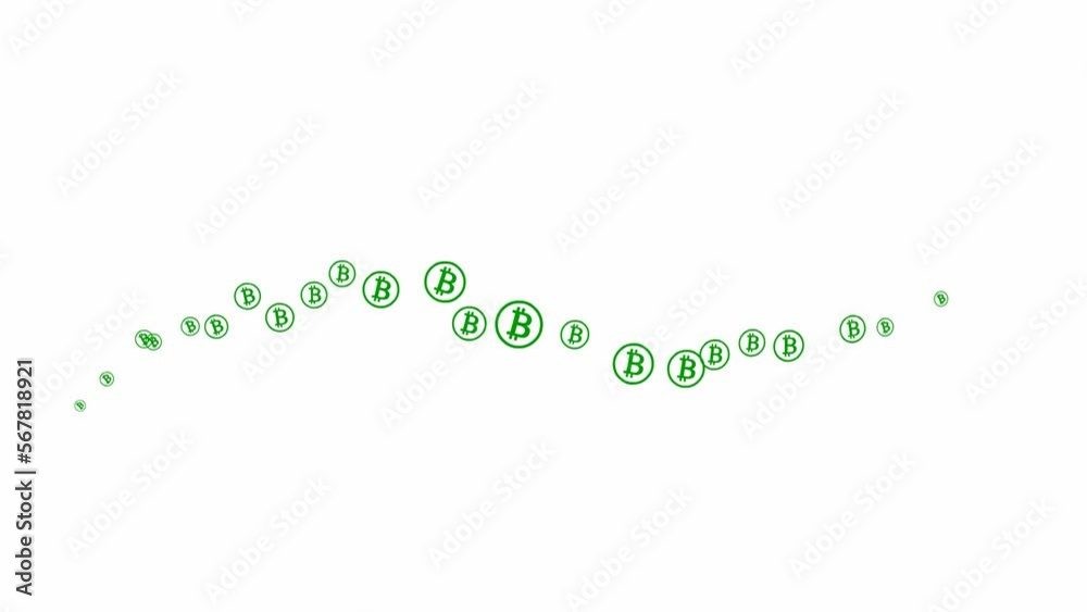 Animated green bitcoin coins fly from left to right. A wave with flying money. Concept of business, crypto currency, finance. Vector illustration isolated on the white background. Animated green bitcoin coins fly from left to right. A wave with flying money. Concept of business, crypto currency, finance. Vector illustration isolated on the white background.