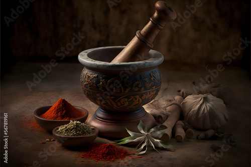 mortar and pestle with herbs and spices.