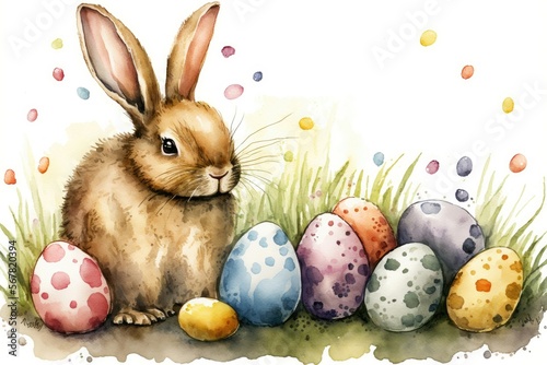 Watercolor Painting Happy Bunny And Easter Eggs Cartoon. Easter Bunny  Easter Rabbit  Easter Hare Concept. Generative AI