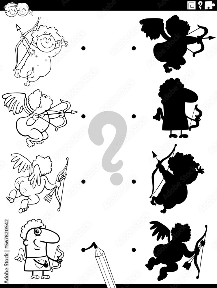shadow game with comic cupids characters coloring page