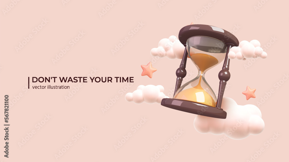 3D Time Management Concept. Realistic 3d design of Hourglass with Clouds and Stars. business timing, earn money, self organization, missed opportunities, day planning in cartoon Minimal style. Vector - obrazy, fototapety, plakaty 