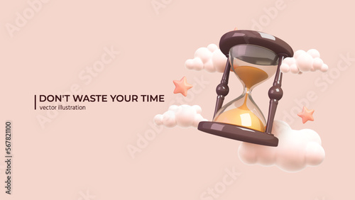 3D Time Management Concept. Realistic 3d design of Hourglass with Clouds and Stars. business timing, earn money, self organization, missed opportunities, day planning in cartoon Minimal style. Vector