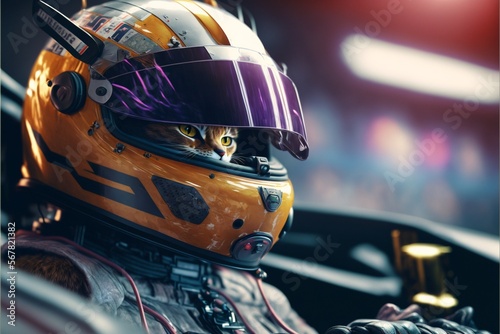 The cat race car driver sits in the car created with generative AI technology © Neuroshock