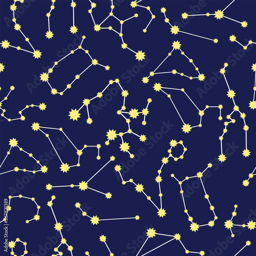 Astrological background with constellations of zodiac signs. Starry sky. Horoscope symbols. Magic space background. Vector illustration.