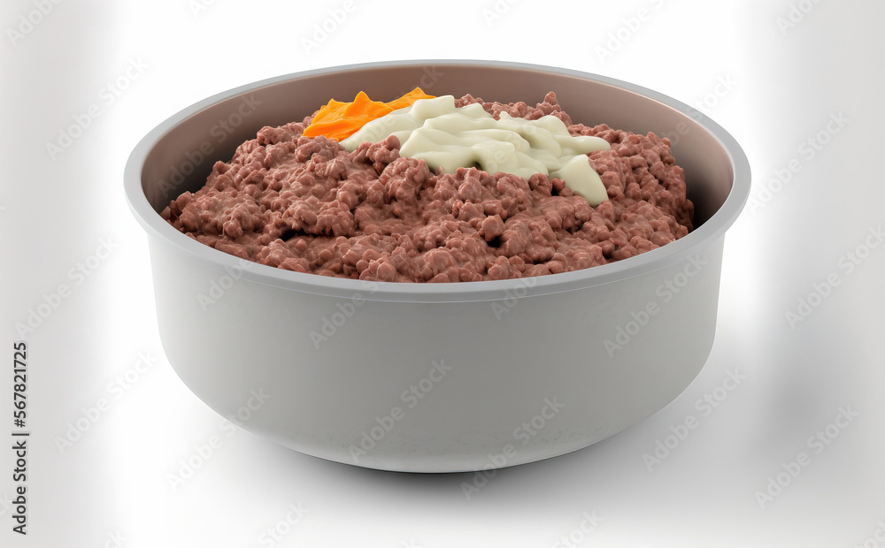 Ground beef in a bowl, white background, solitary. Generative AI Ground beef in a bowl, white background, solitary. Generative AI