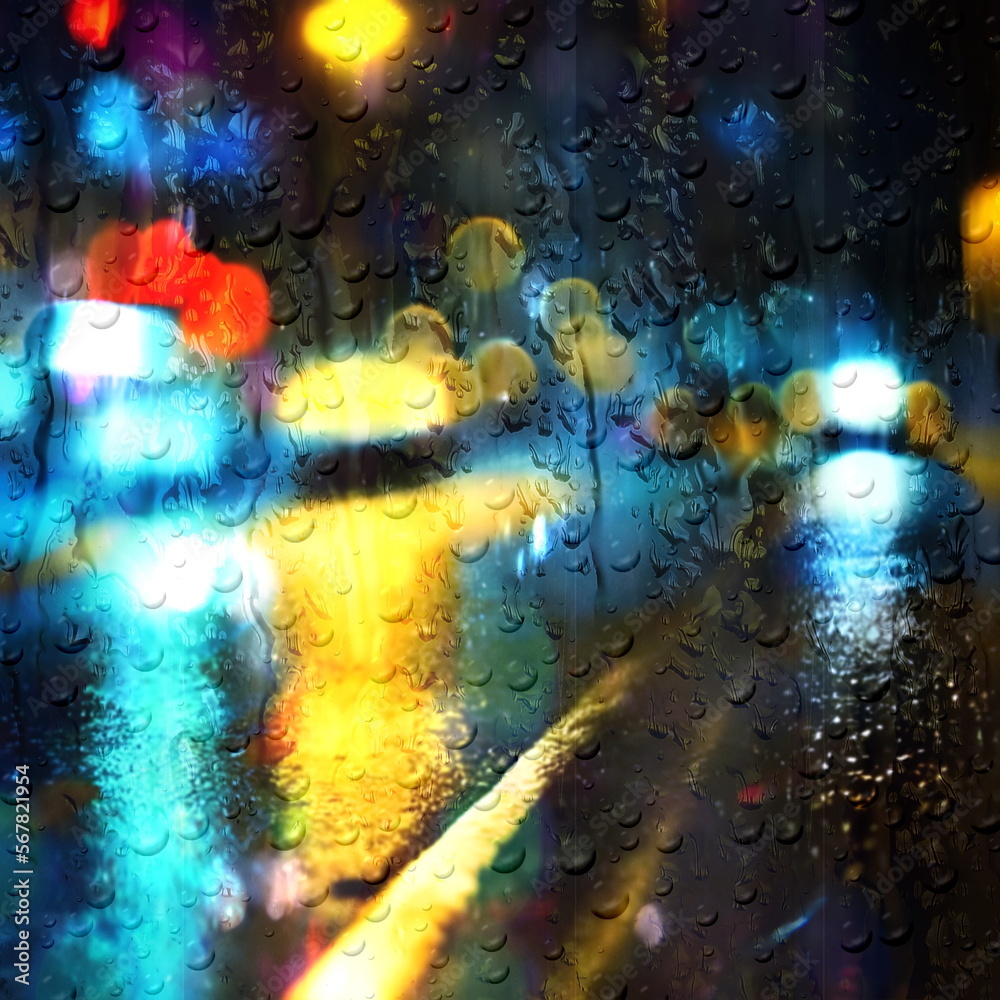 night city rain  car traffic blurred light rain drops on window glass defocuses  abstract background illustration ,generated ai
