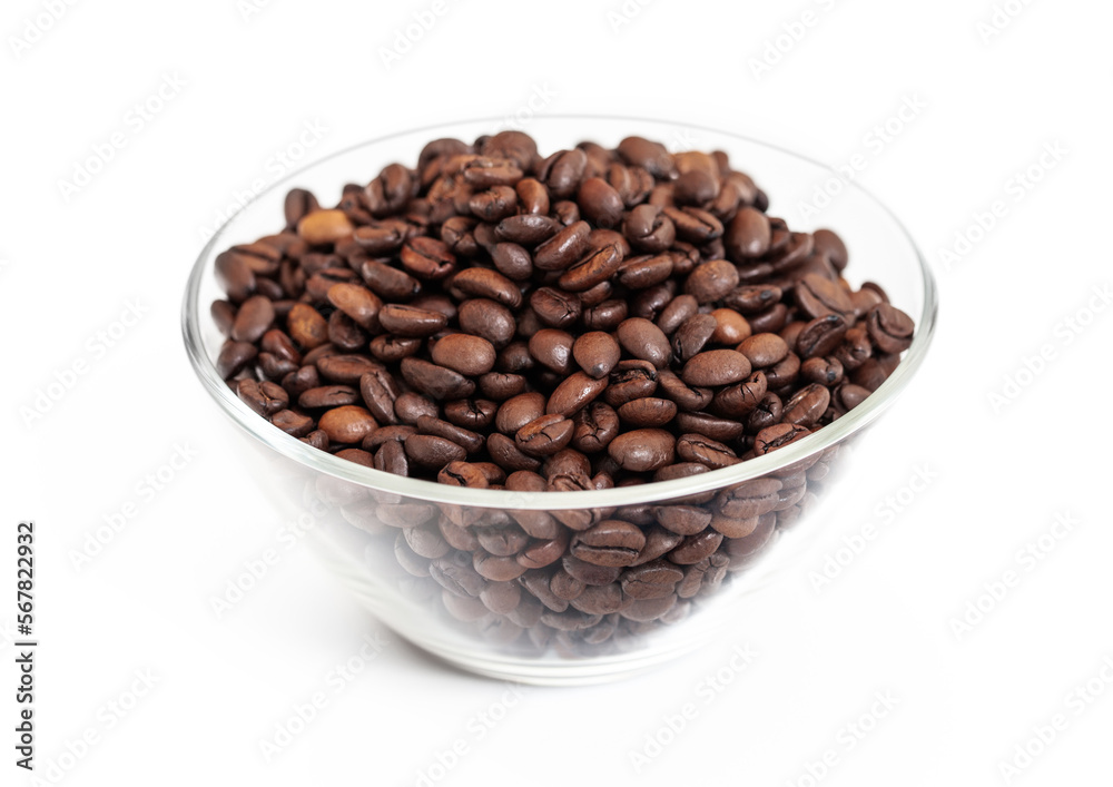Glass bowl plate with fresh raw aroma coffee beans on white background.