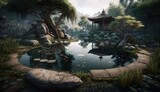 Zen japanese garden with pond in spring, generative ai