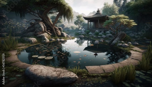 Zen japanese garden with pond in spring, generative ai