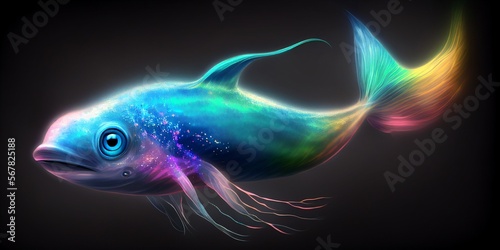 Kunstvoller bunter Fisch auf dunklen Hintergrund, ai generativ