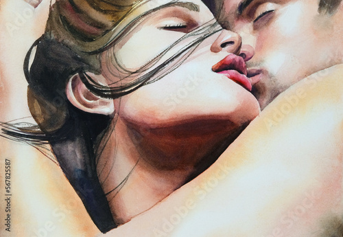 Illustration of a passionate kiss of lovers. A guy in love gently kisses a beautiful girl, squeezing her in his arms.