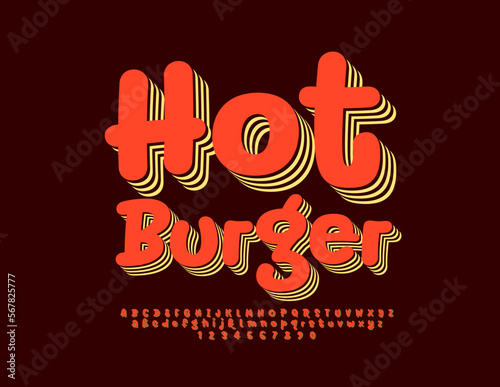 Vector promo sign Hot Burger with decorative 3D Font, Trendy Alpahbet Letters, Numbers and Symbols set photo