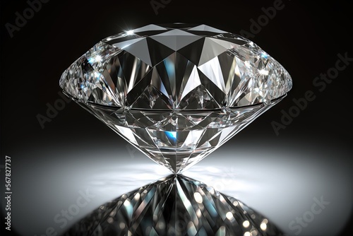  a diamond on a reflective surface with a reflection on the ground in the middle of the image, with a black back ground and white back ground. generative ai