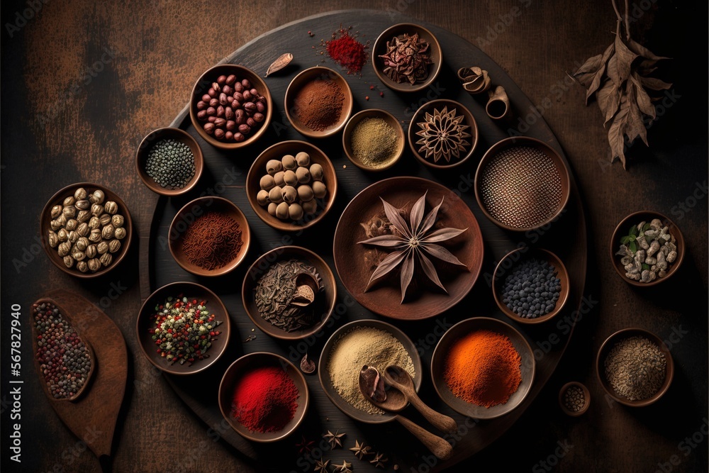 a table topped with bowls filled with different types of spices and seasoning powders on top of a wooden table next to a wooden spoon. generative ai a table topped with bowls filled with different types of spices and seasoning powders on top of a wooden table next to a wooden spoon. generative ai