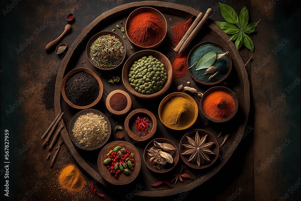  a plate of spices on a table with a spoon and spoon rest on the plate and spices are in the bowls on the table and on the table.  generative ai