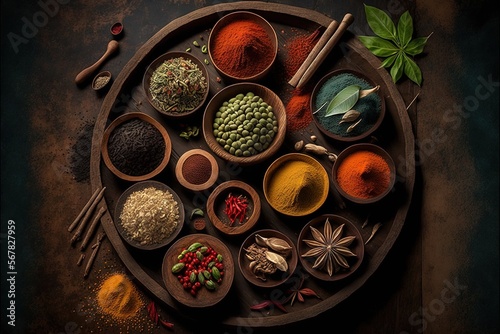  a plate of spices on a table with a spoon and spoon rest on the plate and spices are in the bowls on the table and on the table.  generative ai
