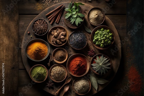  a wooden plate topped with bowls filled with different types of spices and herbs on top of a wooden table next to a spoon and spoon. generative ai