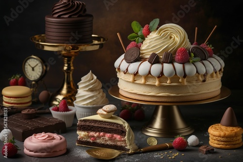  a variety of desserts and pastries on a table with a clock and a gold plate with a cake on it and a gold stand.  generative ai photo