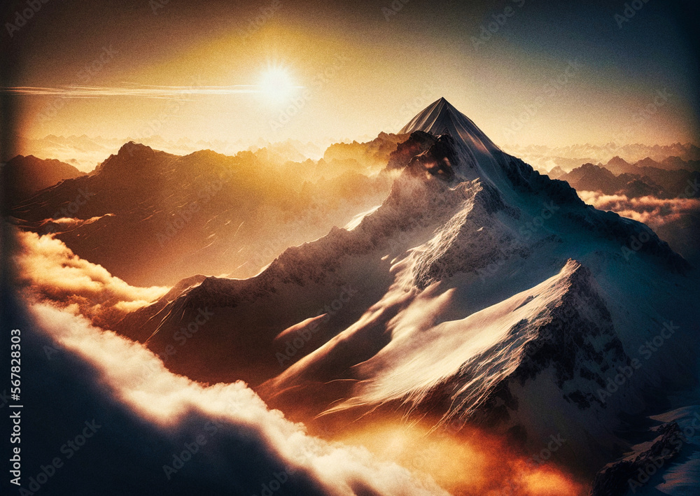 Beautiful sunset over the mountains in winter - generative ai