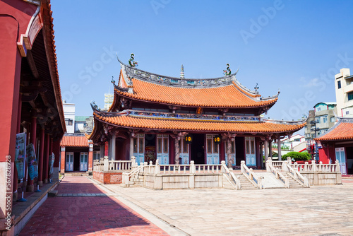 Building view of Confucius Temple in Changhua, Taiwan. This is a historical heritage with a Chinese-style building that is over several hundred years old.