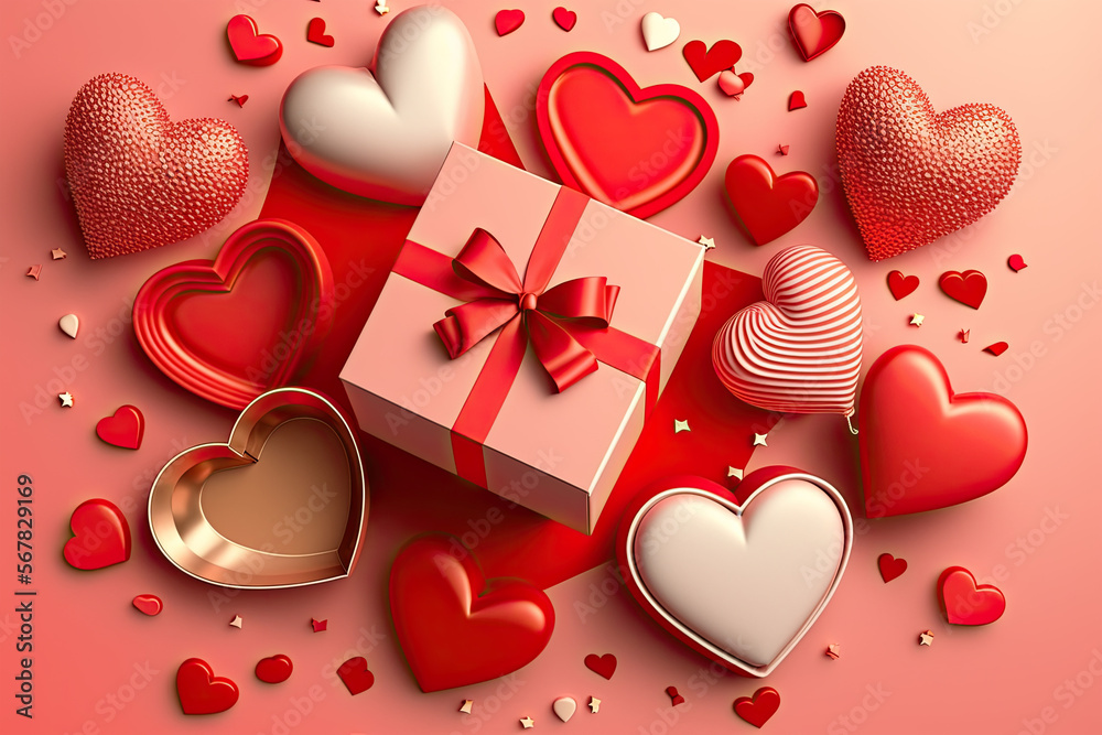 Saint Valentine day background with gift box and various red hearts. Flat lay style greeting composition, heart, love, valentine, hearts, pink, romance, symbol, red, candy, day, shape, valentine's day