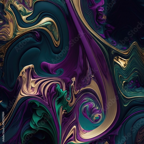  an abstract painting of purple and green colors on a black background with a gold and green swirl pattern on the bottom of the image and bottom half of the image. generative ai