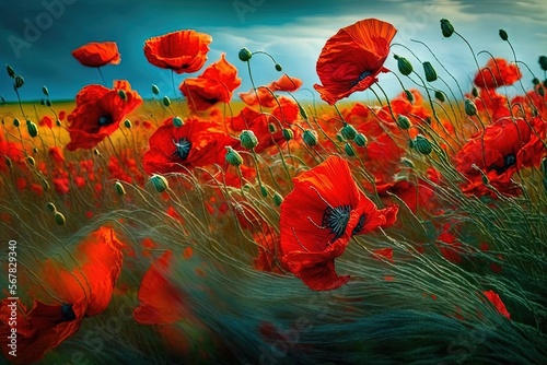 a painting of a field full of red poppies under a cloudy sky with a blue sky in the background and a green field of grass in the foreground. generative ai