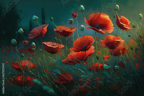  a painting of a field of red flowers with green stems and white flowers in the foreground and a dark green sky in the background.  generative ai