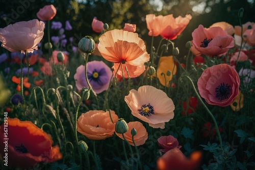  a field full of colorful flowers with trees in the background of the photo and a sun shining through the sky in the background.  generative ai