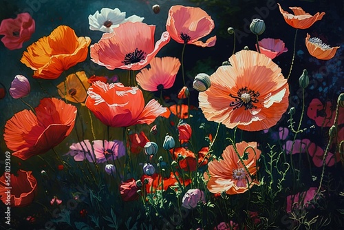  a painting of a bunch of flowers in a field of grass with a bee on the center of the flower and the bottom of the flowers in the middle of the picture.  generative ai