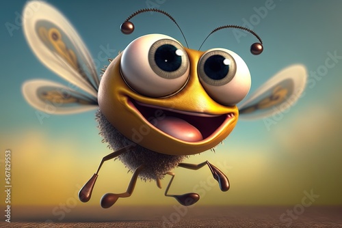 a cartoon bee with big eyes and a smile on its face, flying through the air with its legs spread wide open and eyes wide open. generative ai