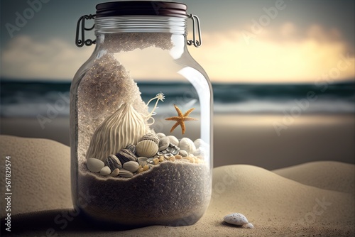  a glass jar filled with sand and shells on a beach with a starfish in the sand and a starfish in the water in the sand.  generative ai