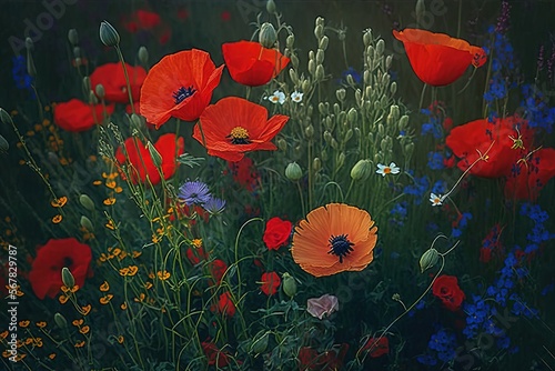  a painting of a field full of red and blue poppies and wildflowers with a green background and a blue sky in the background.  generative ai