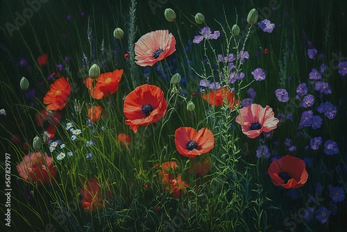  a painting of a field of flowers with a dark sky in the background and a green field with purple, red, and blue flowers.  generative ai