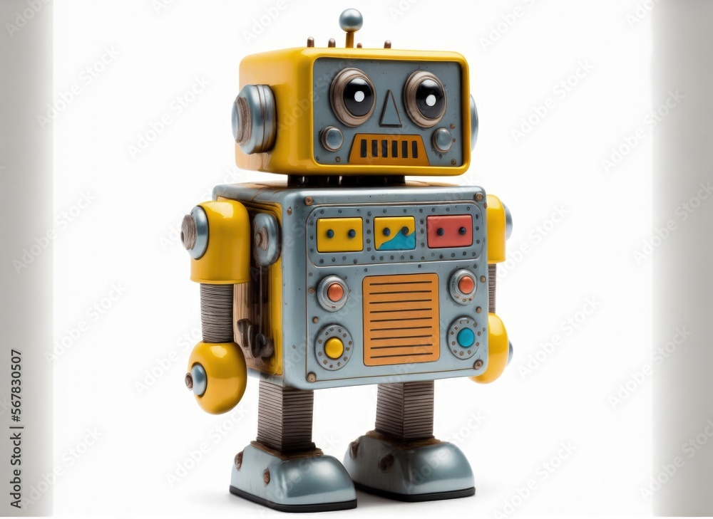 Fototapeta premium Vintage tin robot toy isolated on a white background. Generative AI