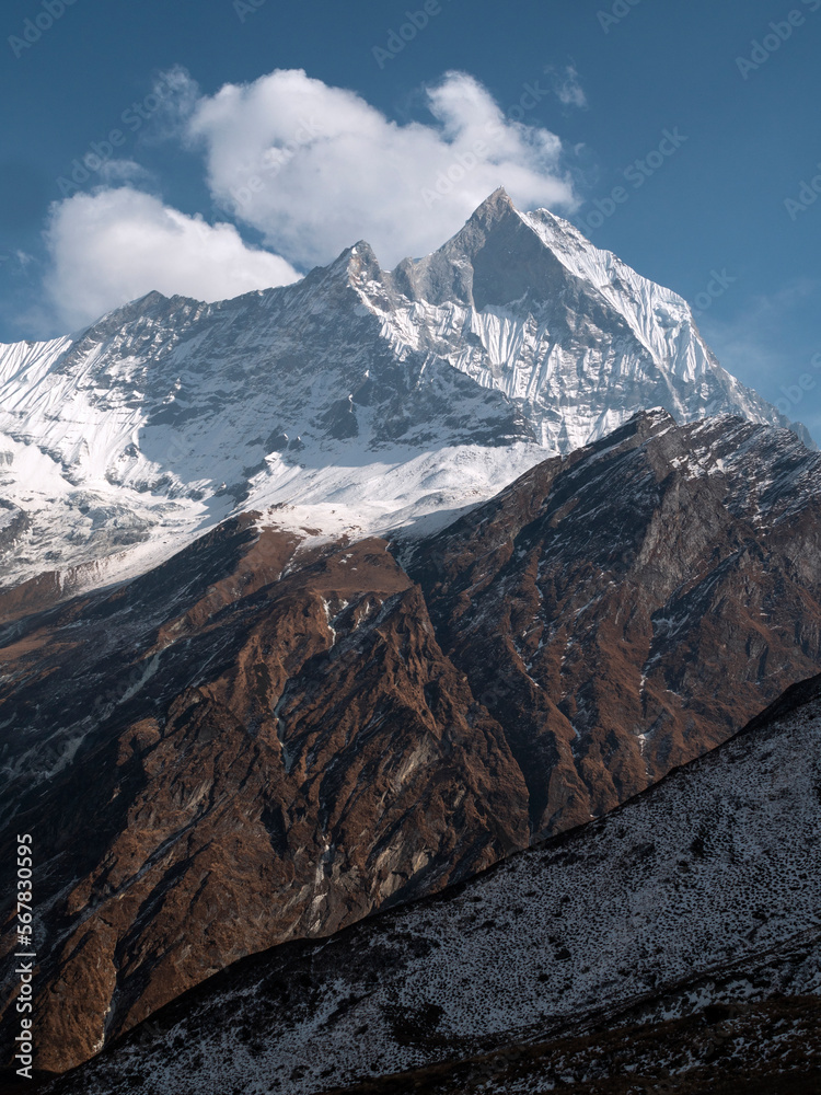 Nepal. Vertical view of Mt Fishtail Machapuchare in the Himalaya range, Annapurna Santuary Trek.