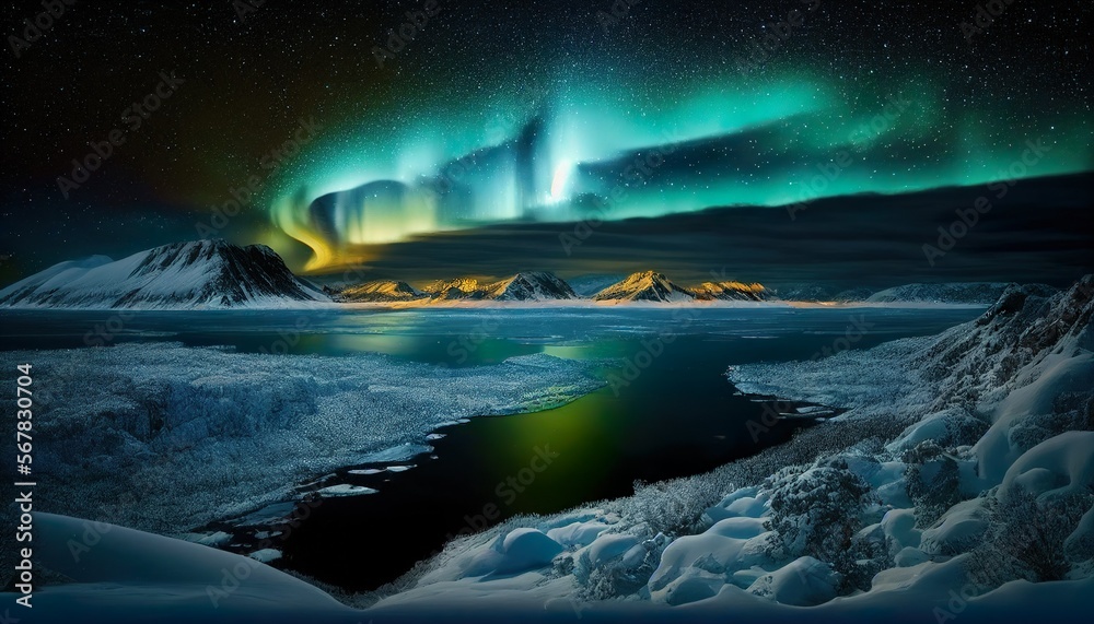Landscape at night with polar lights, snow and mountains