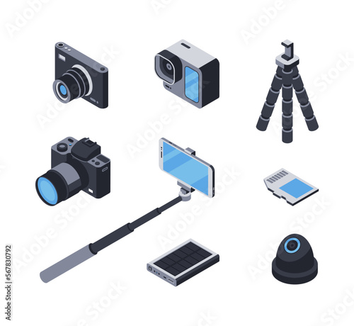Set of photo and video gadgets. 3d camera icon with lens, action camera, selfie stick monopod, tripod, memory card, video surveillance camera, solar power bank, charger. Vector isometric illustration