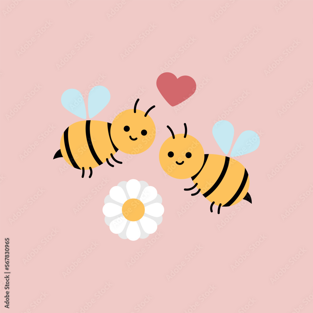 Vector illustration of bees in love, love, feelings, chamomile flower, romance, two smiling cartoon bees, Valentine's Day, happy yellow black bees.