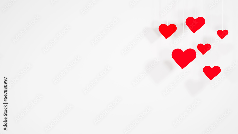 Valentine's Day hearts love background card 3D illustration design, red little hearts on strings hanging on a white background Valentine's Day illustration background, love and hearts concept
