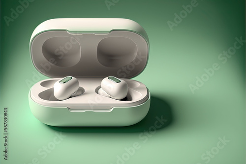  a pair of earbuds sitting in a case on a green surface with a shadow from the top of the case on the bottom of the case. generative ai