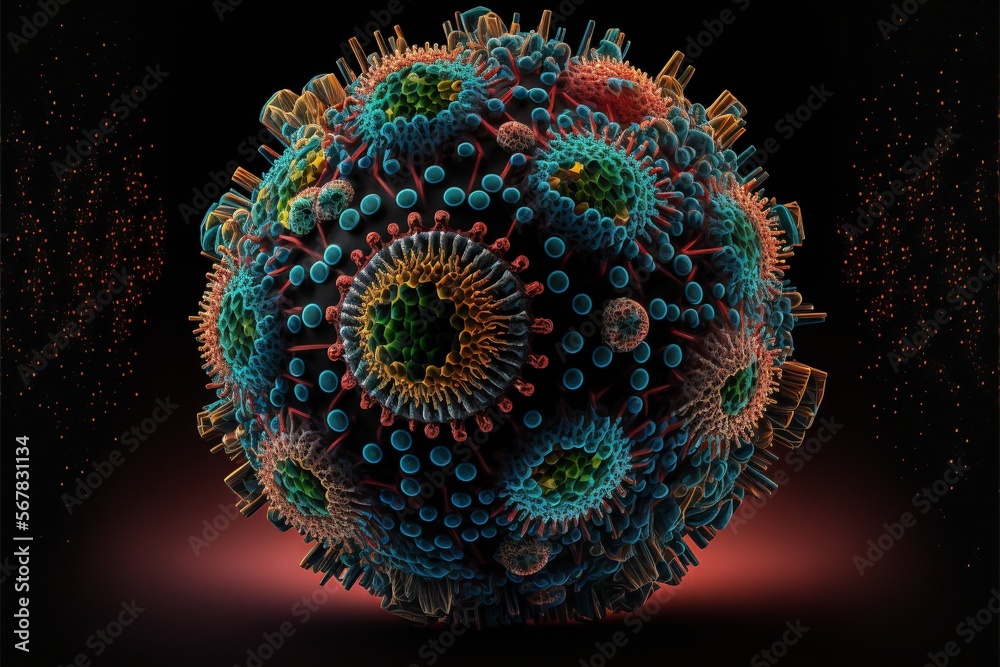 Coronavirus model in different colors on a black background created with generative AI technology