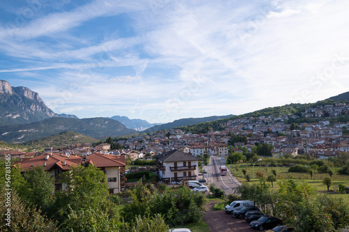 Panorama of Trento. Mountains, clouds, green forests and hiking trails. High quality photo