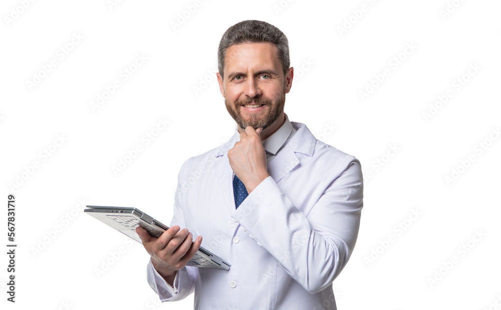 happy doctor with tablet medical record isolated on white background. medical record. happy doctor with tablet medical record isolated on white background. medical record.