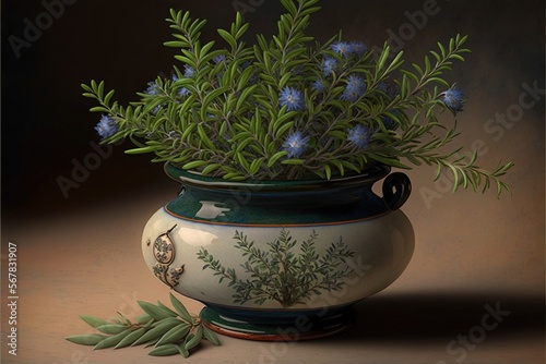  a painting of a vase with blue flowers and green leaves on a brown background with a shadow of the vase on the floor and the floor.  generative ai