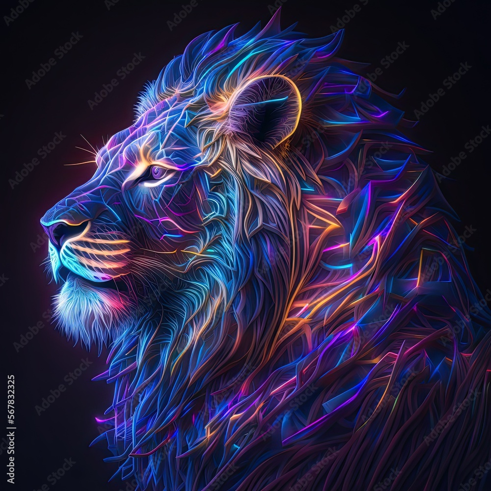 Abstract neon light Lion, artwork design, digital art, wallpaper