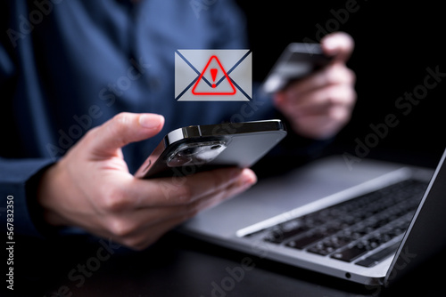 Email Spam icon. Spam link on mobile. Icon Email virus on smartphone virtual screen hologram technology theme, hacker, fake link, fishing hack.