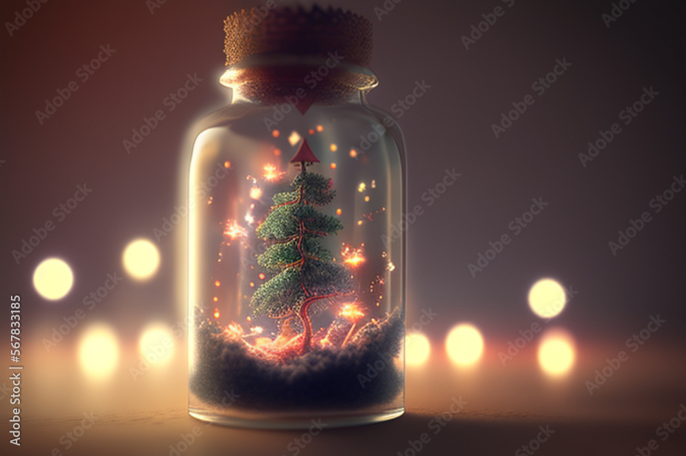 bottle with liquid and christmas tree - glass bottle christmas tree background - Generative AI bottle with liquid and christmas tree - glass bottle christmas tree background - Generative AI