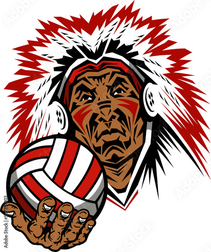 indian chief mascot holding volleyball for school, college or league sports